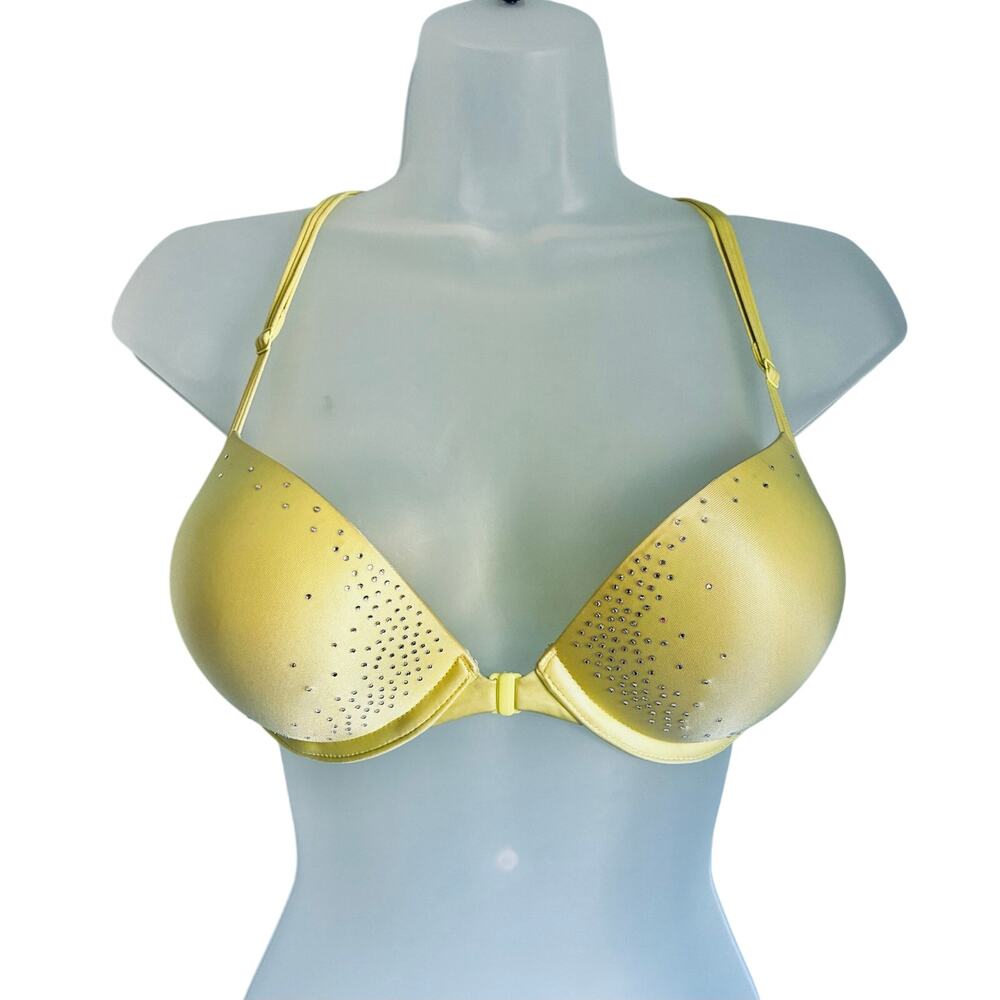 Victoria's Secret Bombshell Bra Pushup Plunge Yellow 32C Rhinestone Front Close